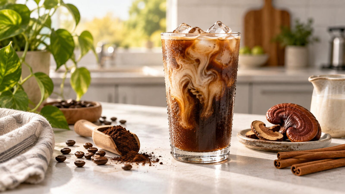 Iced mushroom coffee with Reishi and cinnamon