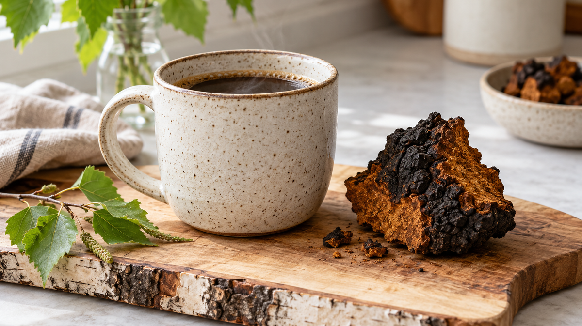 Chaga mushroom beside a cup of coffee