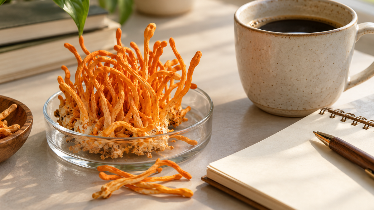 Cordyceps militaris specimens beside coffee and a notebook