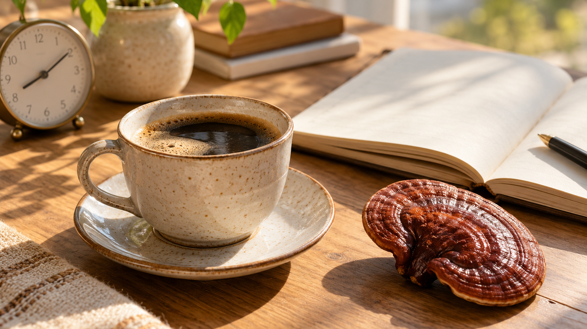 Reishi mushroom and coffee on a morning table