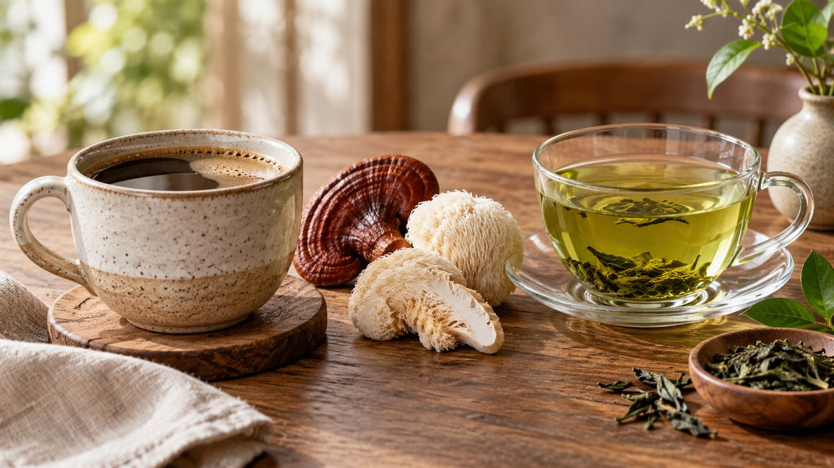 Mushroom coffee beside green tea for caffeine and taste comparison
