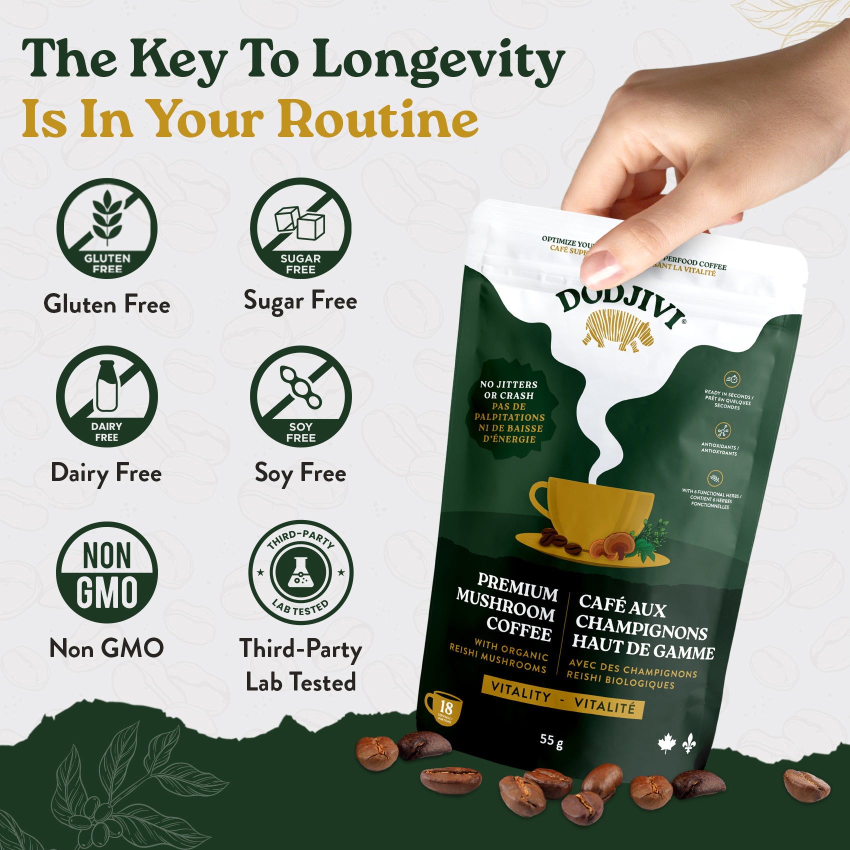 Dodjivi mushroom coffee package with health benefits listed on a green background