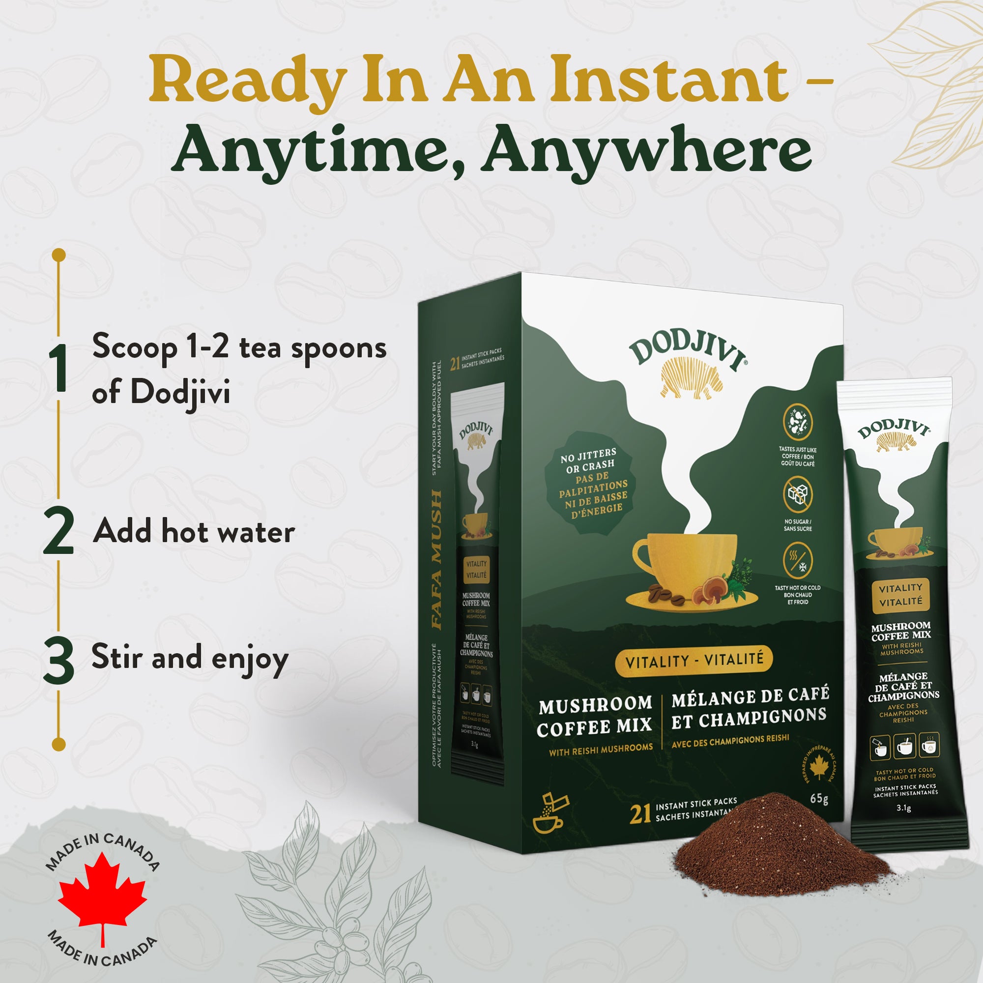 Dodjiwi mushroom coffee mix packaging with instructions on a white background