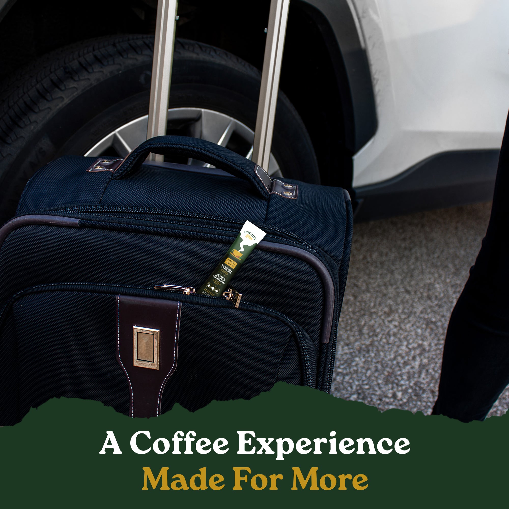 Blue suitcase with a coffee package attached, parked next to a car.