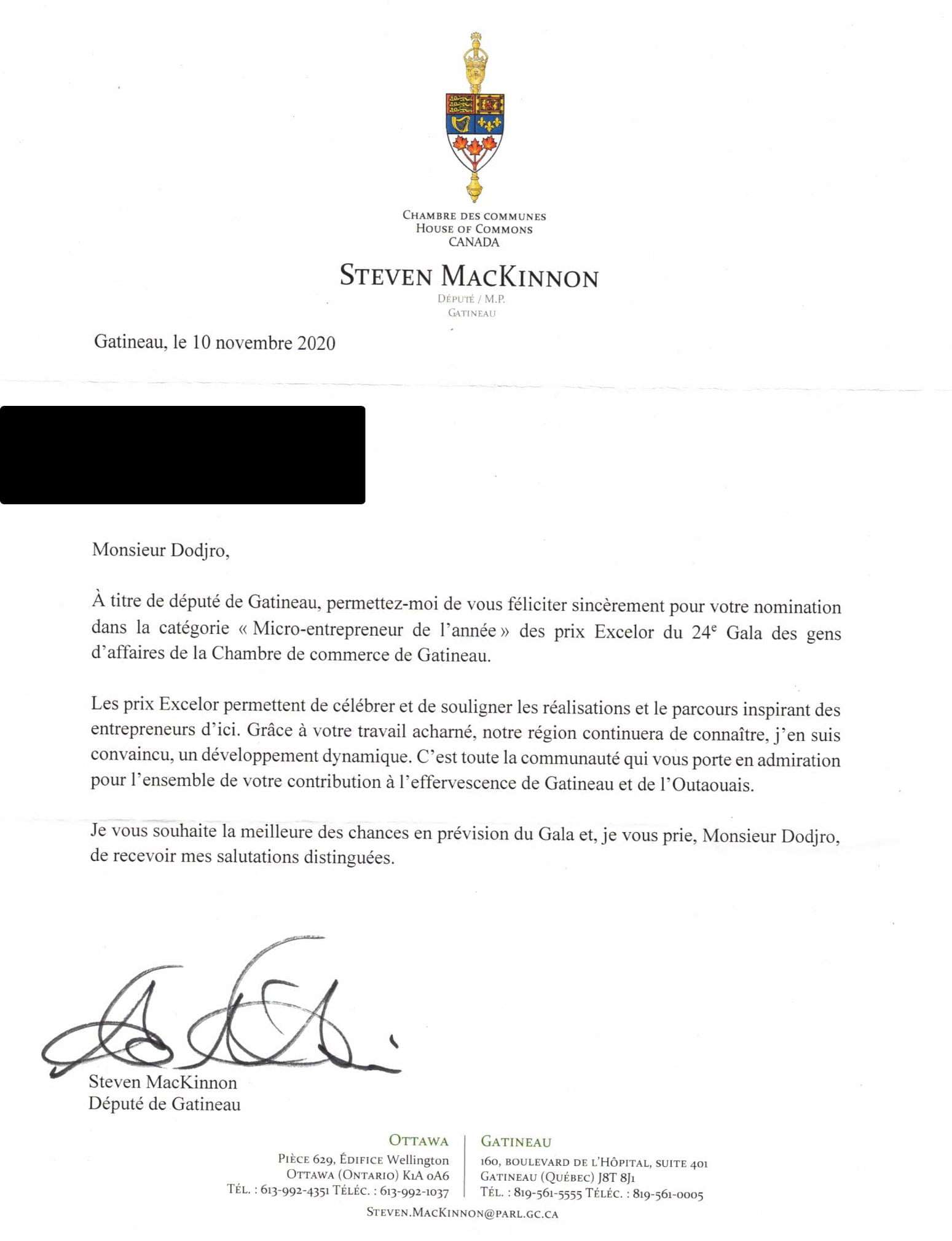 Dodjivi Finalist for the Excelor Prize of the Chamber of Commerce of Gatineau
