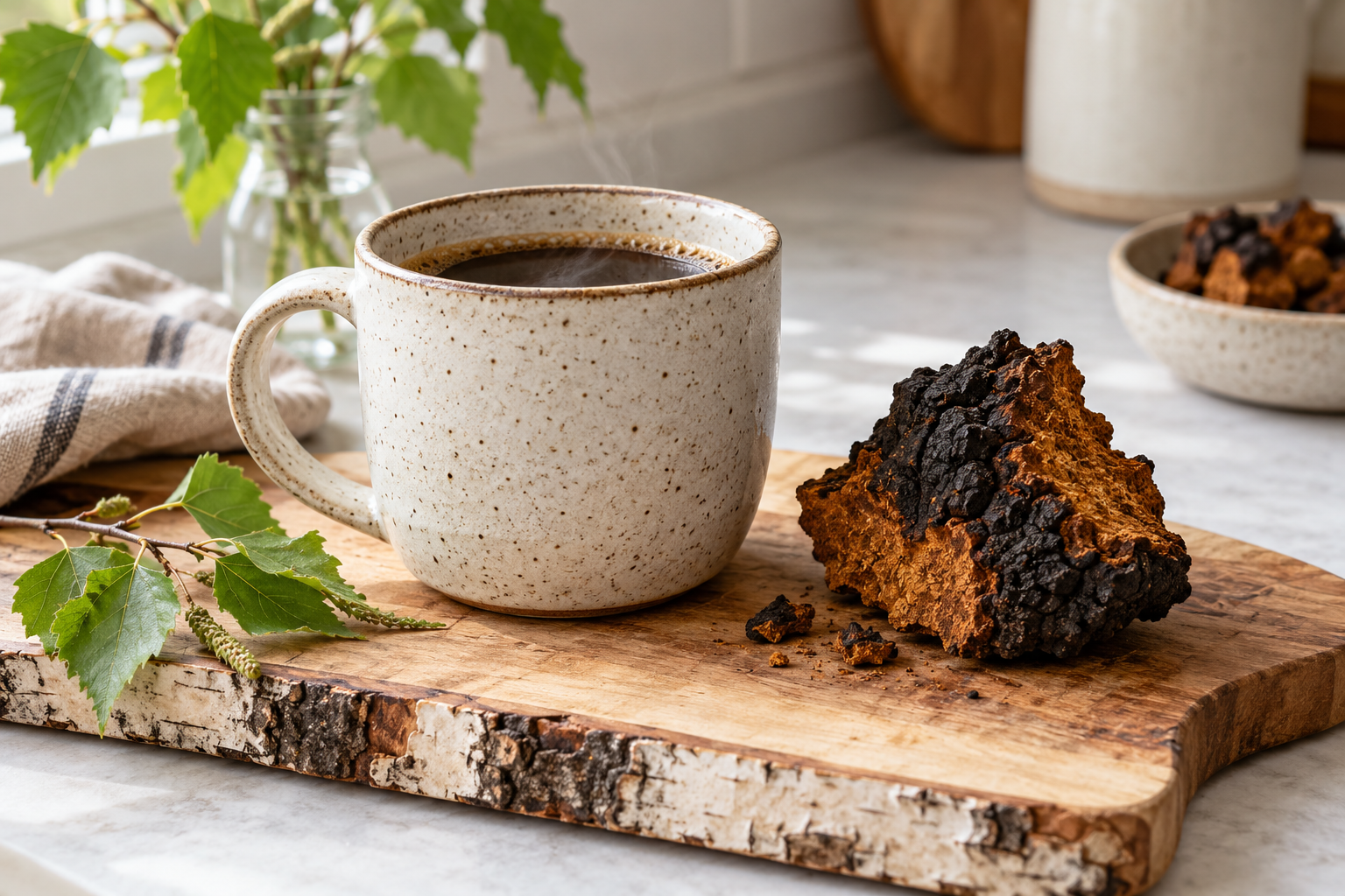 Chaga mushroom beside a cup of coffee