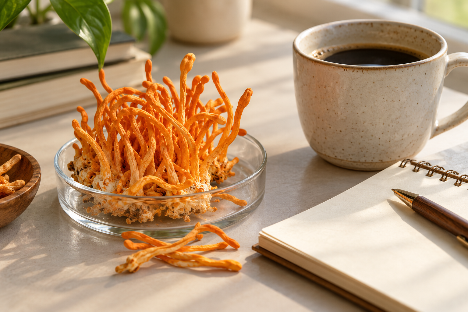 Cordyceps militaris specimens beside coffee and a notebook