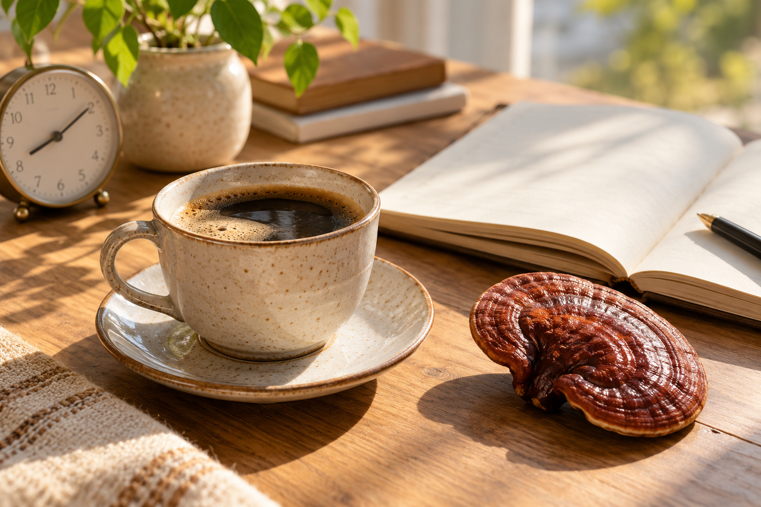 Reishi mushroom and coffee on a morning table