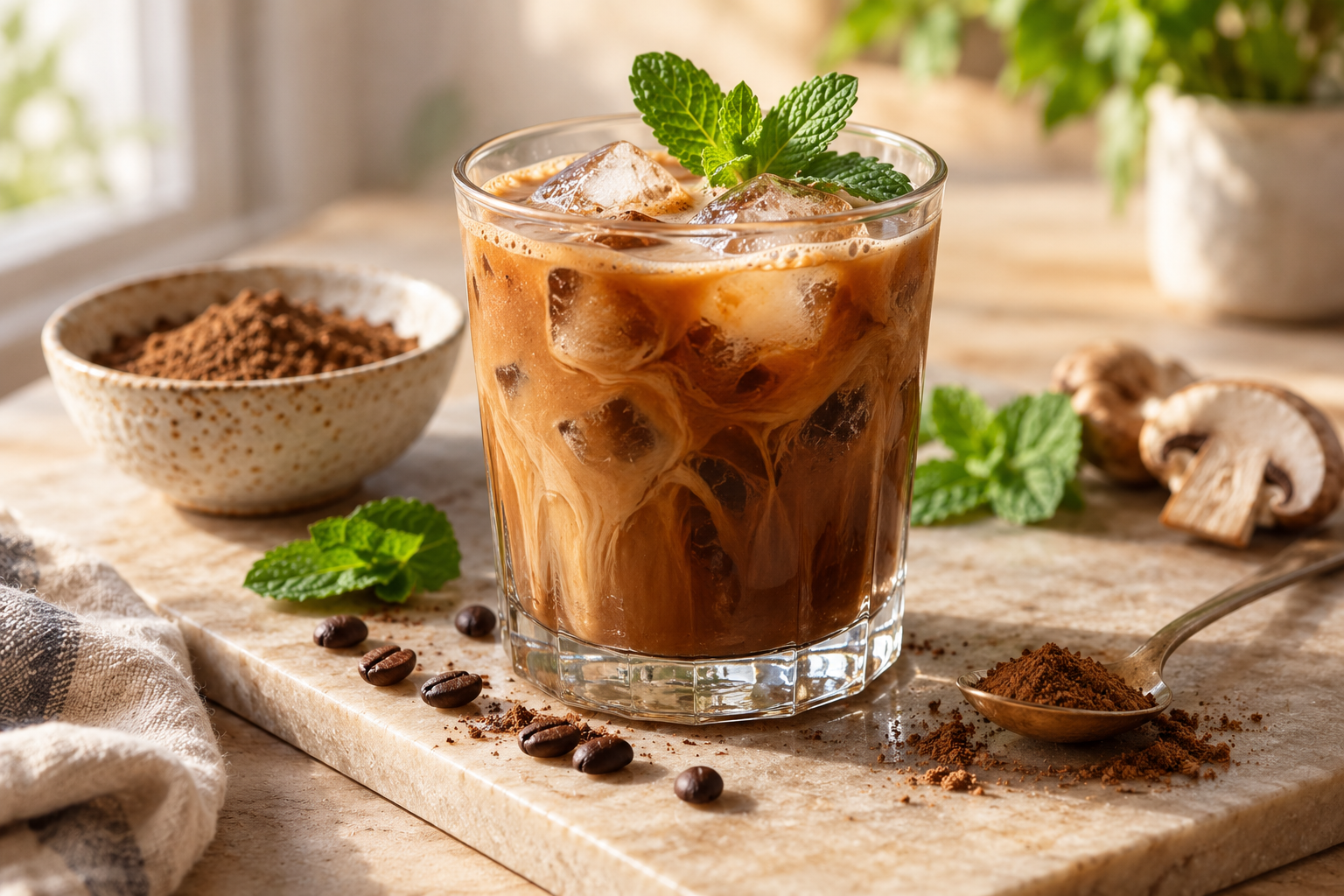 Glass of iced coffee with fresh mint on a kitchen table