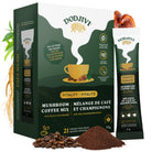 Dodjivi mushroom coffee mix packaging with coffee beans and ground coffee on a white background