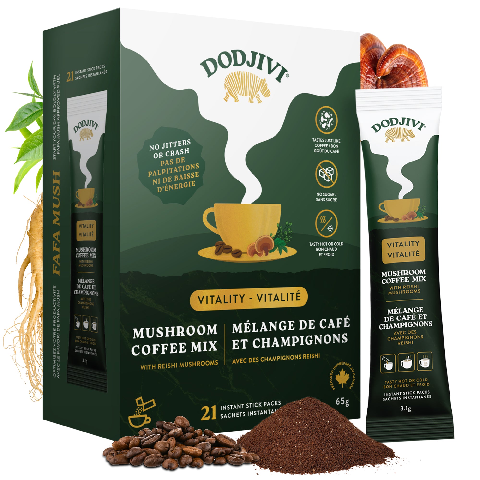 Dodjivi mushroom coffee mix packaging with coffee beans and ground coffee on a white background