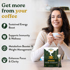Woman holding a coffee cup with promotional text about coffee benefits on a white background