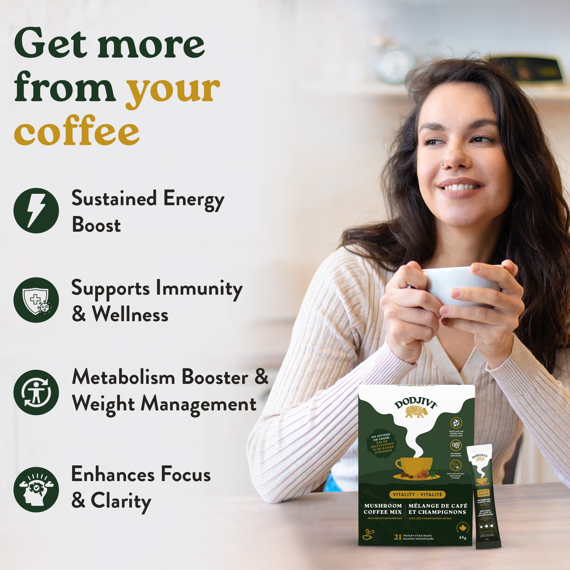 Woman holding a coffee cup with promotional text about coffee benefits on a white background