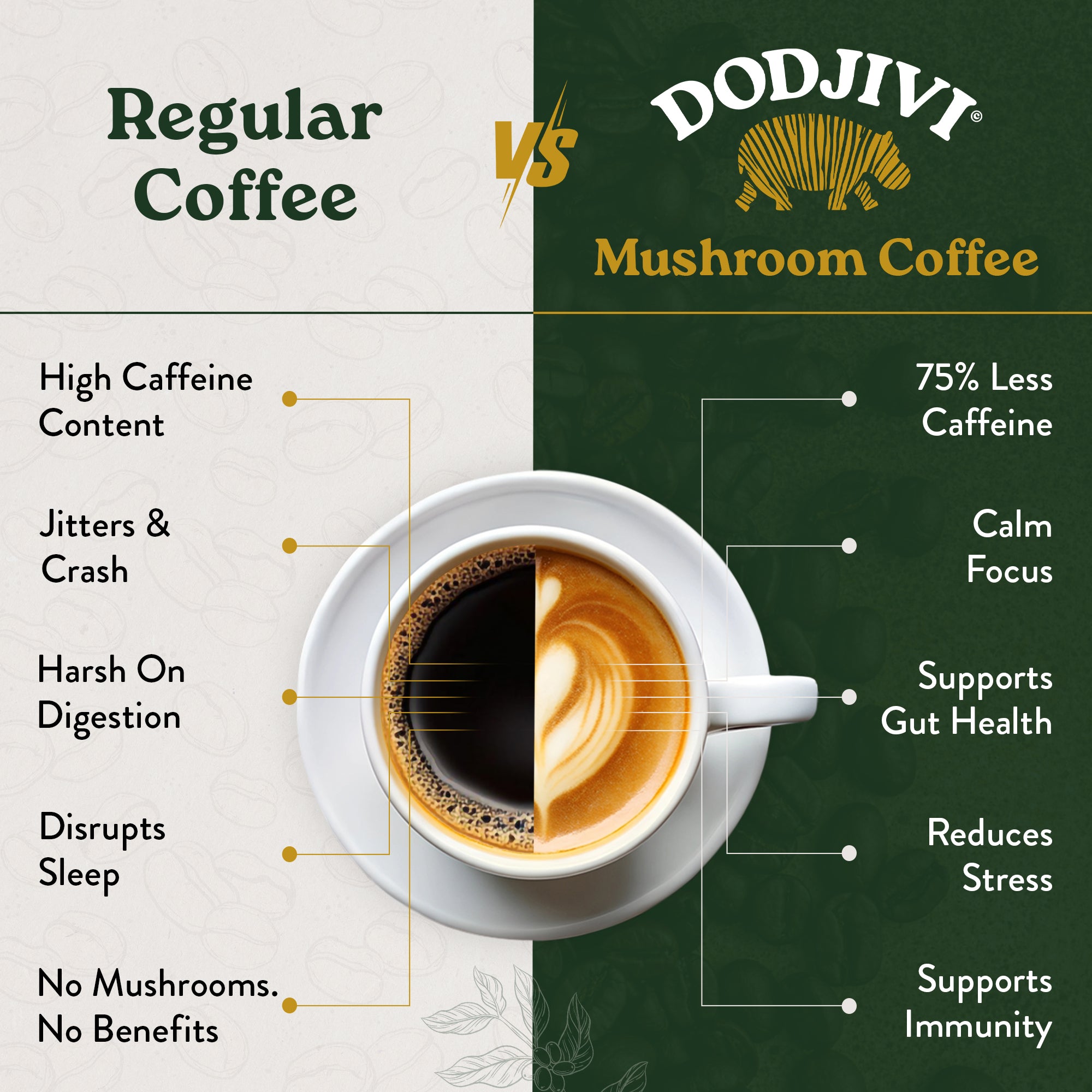 Comparison chart between regular coffee and Dodjivi mushroom coffee, highlighting differences in caffeine content and health benefits.