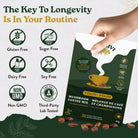 Mushroom coffee mix package with hand holding it, featuring health benefits and branding.