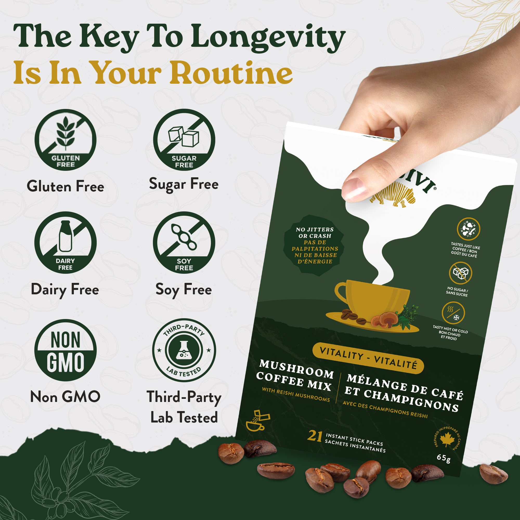 Mushroom coffee mix package with hand holding it, featuring health benefits and branding.